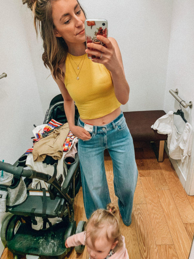 Cropped yellow tank and high waist wide leg denim jeans | Casual spring and summer style, spring and summer outfits | Kansas City life, home, and style blogger Megan Wilson shares an Express try-on | Life on Shady Lane // @shadylaneblog on IG