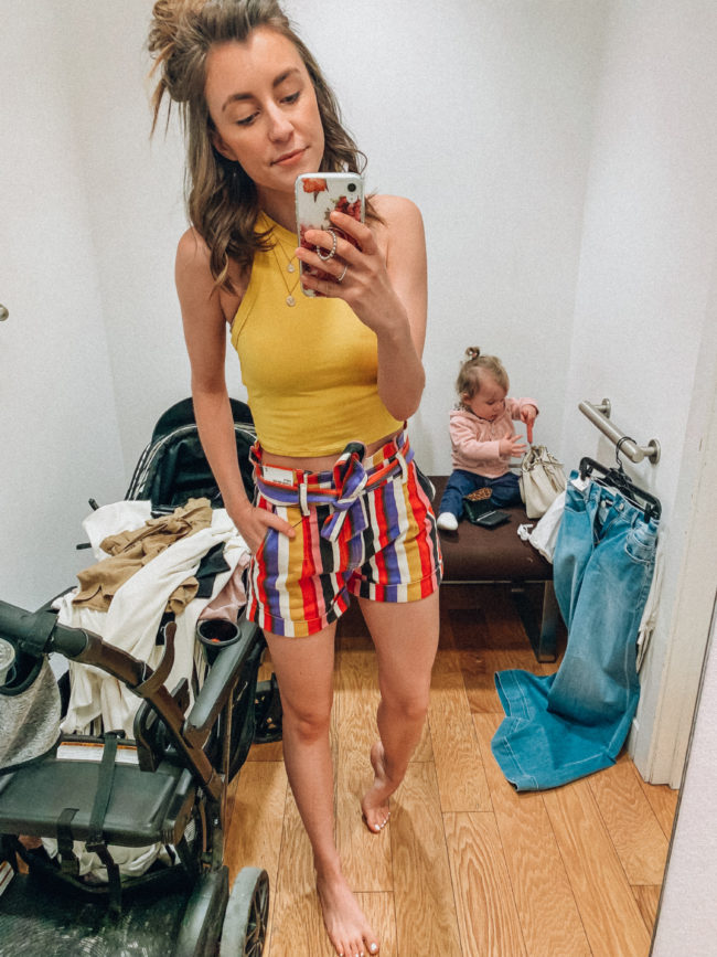 Cropped yellow tank and striped high waist paperbag shorts | Casual spring and summer style, spring and summer outfits | Kansas City life, home, and style blogger Megan Wilson shares an Express try-on | Life on Shady Lane // @shadylaneblog on IG