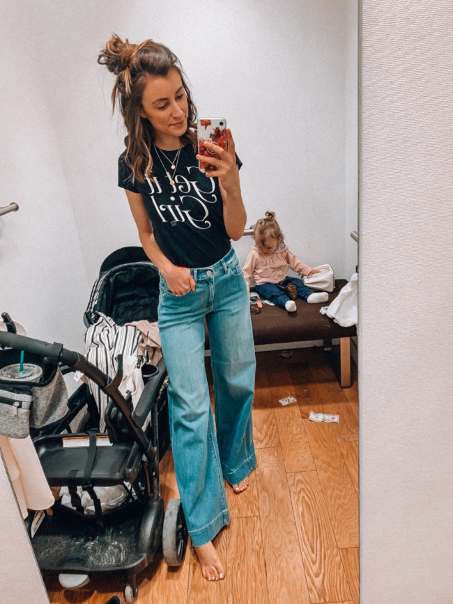"Get It Girl" black graphic tee and high waist wide leg denim jeans | Casual spring and summer style, spring and summer outfits | Girl power shirt | Kansas City life, home, and style blogger Megan Wilson shares an Express try-on | Life on Shady Lane // @shadylaneblog on IG