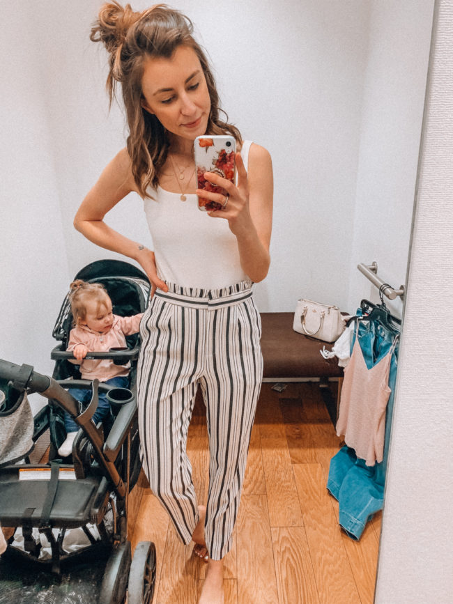 White bodysuit and striped straight leg trousers | spring and summer style, spring and summer outfits | Kansas City life, home, and style blogger Megan Wilson shares an Express try-on | Life on Shady Lane // @shadylaneblog on IG