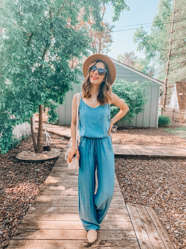 Blue jumpsuit and hat outfit || Casual spring and summer style || What to do in Independence, Missouri - A guide to all the fun stuff! | Kansas City life, home, and style Blogger Megan Wilson shares a staycation trip to Independence, Missouri! #lovethesquare #staycation #visitmissouri