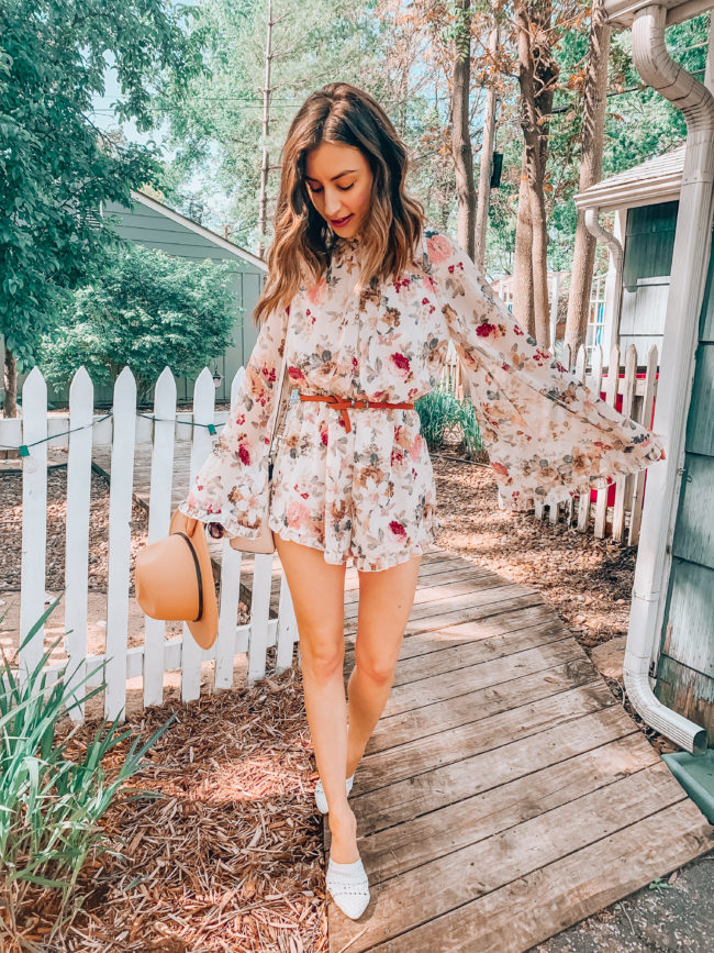 Floral ruffled romper || Casual spring and summer style || What to do in Independence, Missouri - A guide to all the fun stuff! | Kansas City life, home, and style Blogger Megan Wilson shares a staycation trip to Independence, Missouri! #lovethesquare #staycation #visitmissouri