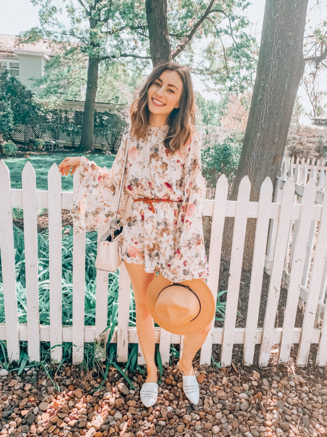 Floral ruffled romper || Casual spring and summer style || What to do in Independence, Missouri - A guide to all the fun stuff! | Kansas City life, home, and style Blogger Megan Wilson shares a staycation trip to Independence, Missouri! #lovethesquare #staycation #visitmissouri