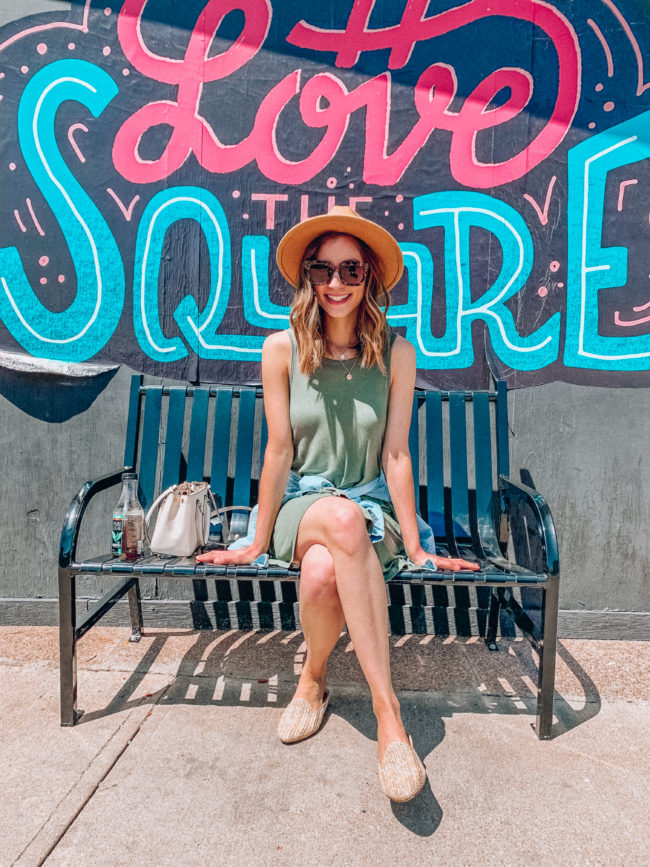 Green tank dress and hat outfit || Tan woven mules || Casual spring and summer style || What to do in Independence, Missouri - A guide to all the fun stuff! | Kansas City life, home, and style Blogger Megan Wilson shares a staycation trip to Independence, Missouri! #lovethesquare #staycation #visitmissouri