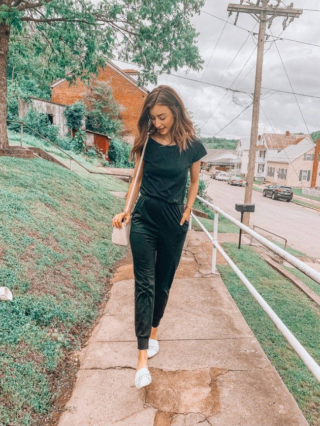 Black off the shoulder jumpsuit | affordable casual fashion || Kansas City life, home, and style blogger Megan Wilson shares her Amazon Finds - May | Affordable cute style that's fun and won't break the bank! #amazon #amazonfashion #amazonclothes #amazonfinds