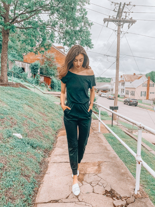 Black off the shoulder jumpsuit | affordable casual fashion || Kansas City life, home, and style blogger Megan Wilson shares her Amazon Finds - May | Affordable cute style that's fun and won't break the bank! #amazon #amazonfashion #amazonclothes #amazonfinds