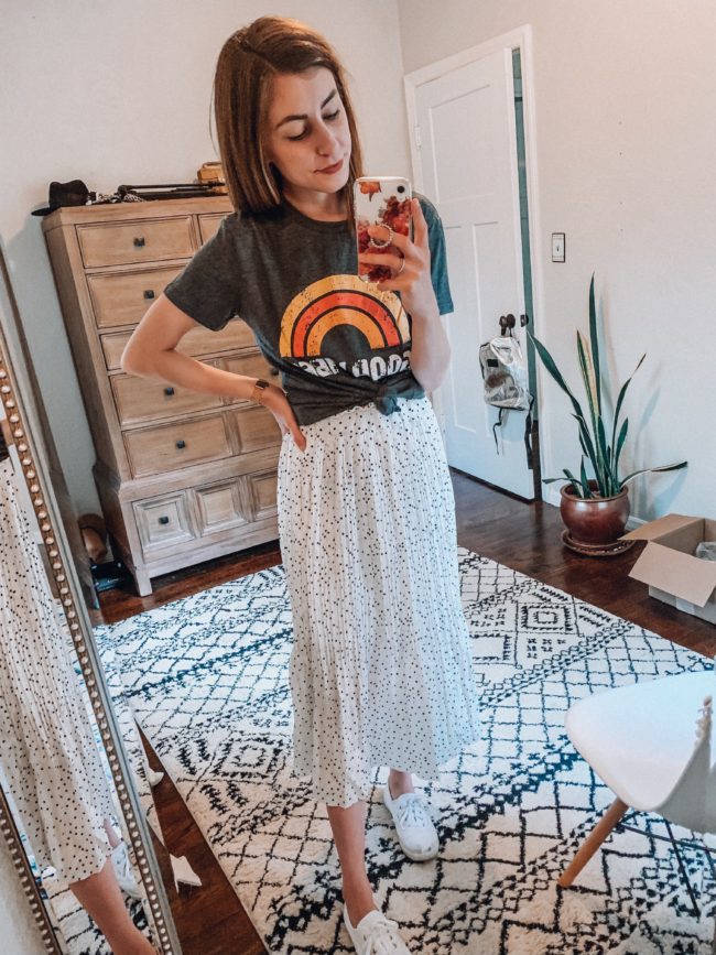 Graphic tee and midi skirt | affordable casual fashion || Kansas City life, home, and style blogger Megan Wilson shares her Amazon Finds - May | Affordable cute style that's fun and won't break the bank! #amazon #amazonfashion #amazonclothes #amazonfinds