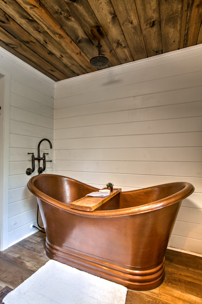 HOME TOUR | modern farmhouse bathroom, shiplap, stained wood ceiling, copper sink and tub | Kansas City life, home, and style blogger Megan Wilson shares a FULL home tour! 