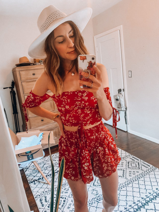 Red two piece set // Shorts and a cropped top | affordable casual summer fashion || Kansas City life, home, and style blogger Megan Wilson shares her Amazon Finds - June | Affordable cute style that's fun and won't break the bank! #amazon #amazonfashion #amazonclothes #amazonfinds