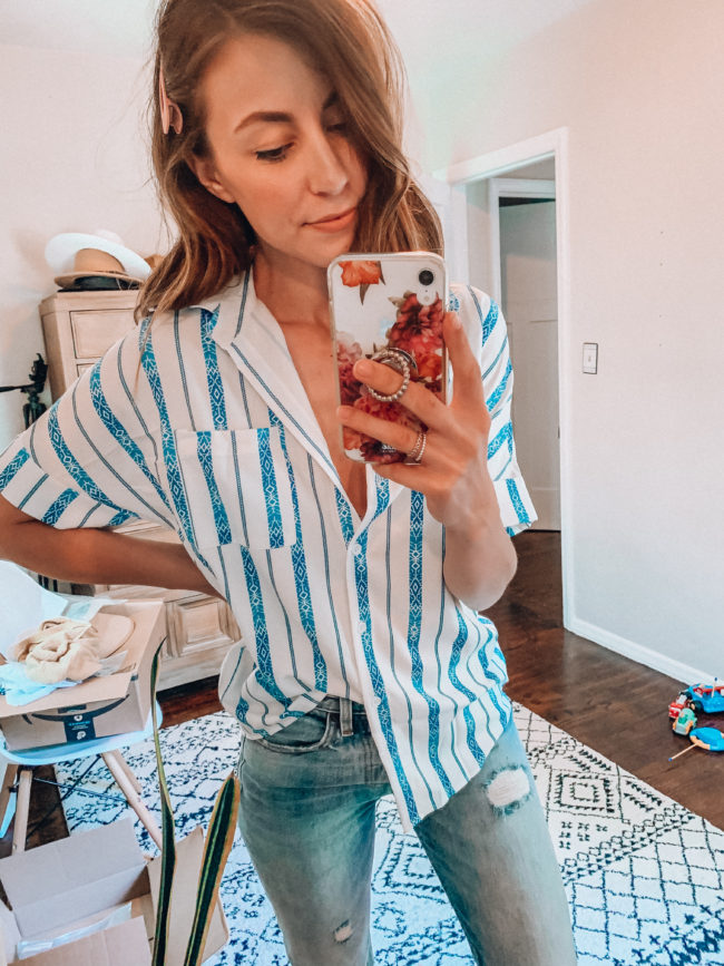 Striped button down shirt | affordable casual summer fashion || Kansas City life, home, and style blogger Megan Wilson shares her Amazon Finds - June | Affordable cute style that's fun and won't break the bank! #amazon #amazonfashion #amazonclothes #amazonfinds