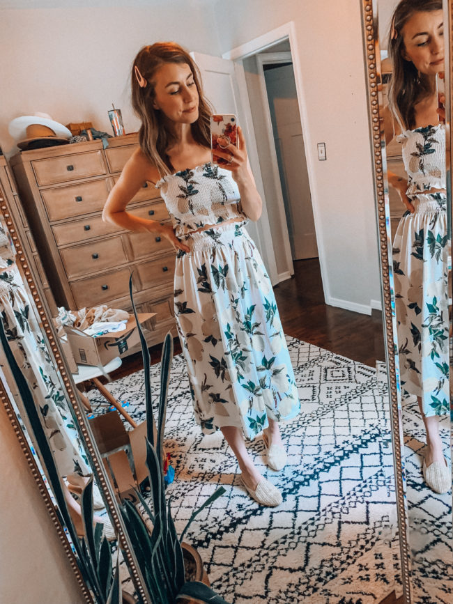 Two piece crop and skirt set with lemon print | affordable casual summer fashion || Kansas City life, home, and style blogger Megan Wilson shares her Amazon Finds - June | Affordable cute style that's fun and won't break the bank! #amazon #amazonfashion #amazonclothes #amazonfinds