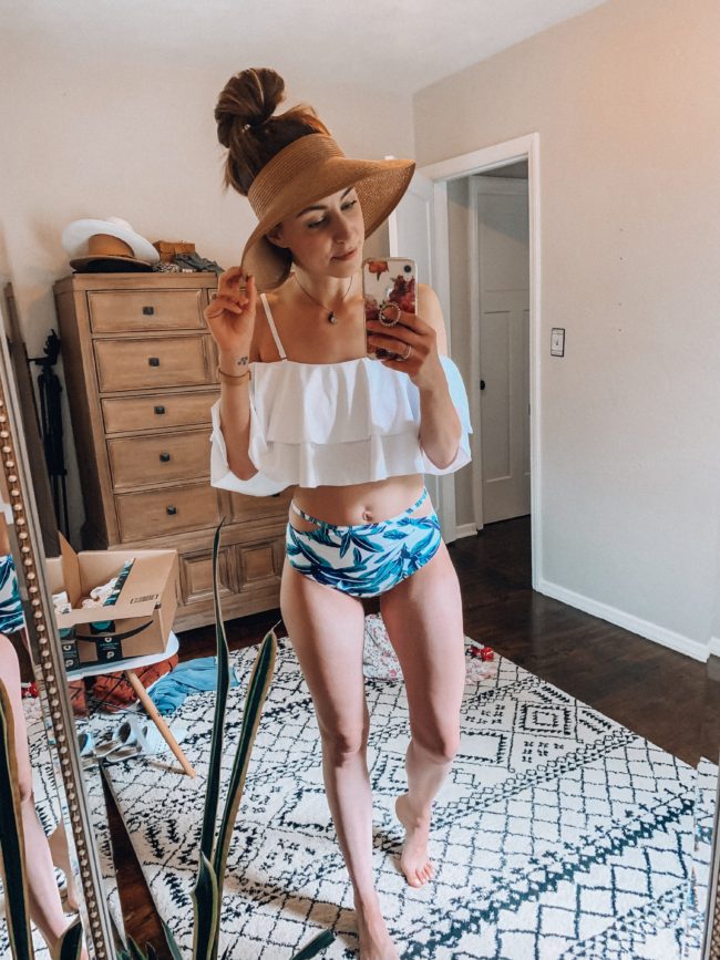 white off-the shoulder bikini | affordable casual summer fashion || Kansas City life, home, and style blogger Megan Wilson shares her Amazon Finds - June | Affordable cute style that's fun and won't break the bank! #amazon #amazonfashion #amazonclothes #amazonfinds