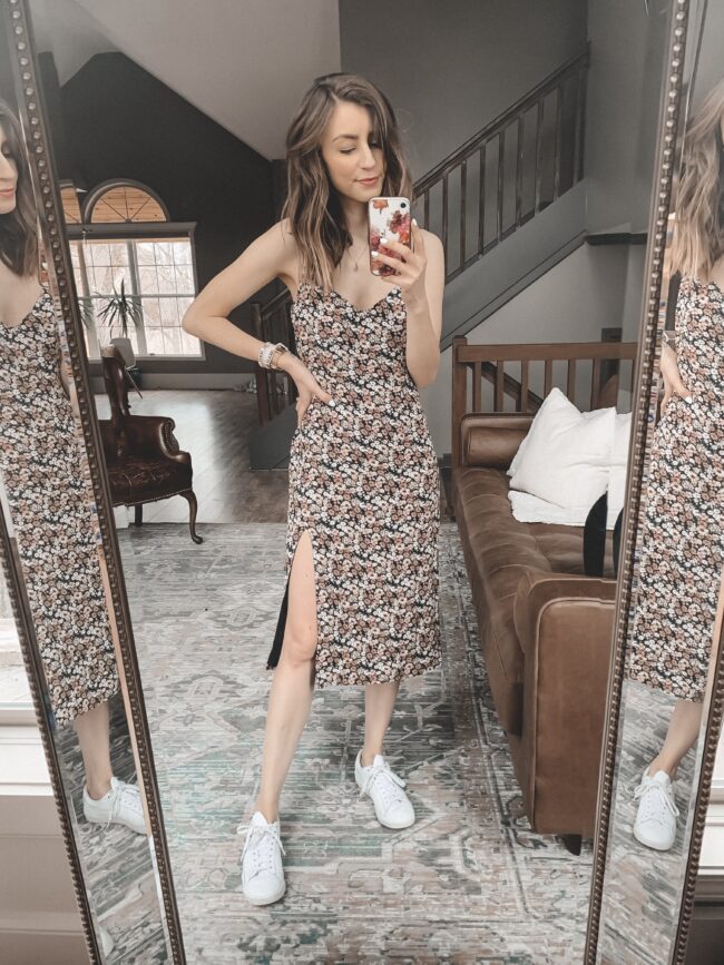 Floral slip dress and white sneakers || February Abercrombie try-on || Kansas City life, home, and style blogger shares her casual style picks