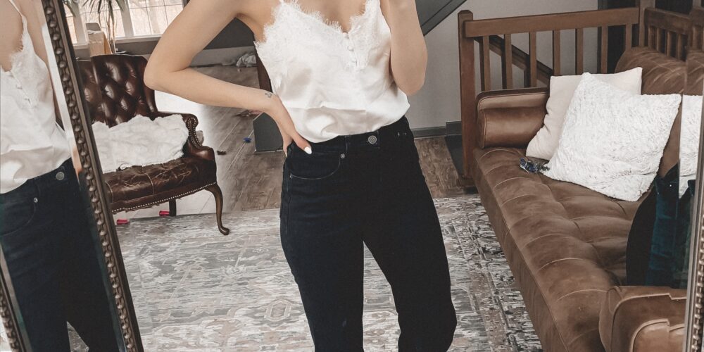 White lace trim cami and black straight leg jeans || February Abercrombie try-on || Kansas City life, home, and style blogger shares her casual style picks