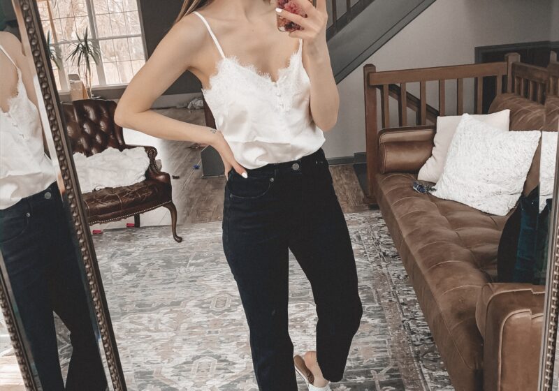 White lace trim cami and black straight leg jeans || February Abercrombie try-on || Kansas City life, home, and style blogger shares her casual style picks