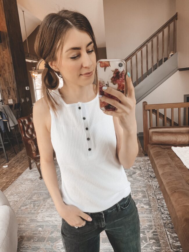 White tank and black jeans with raw hem, white sneakers || Casual style from AMAZON! || Kansas City life, home, and style blogger Megan Wilson shares her February Amazon Finds