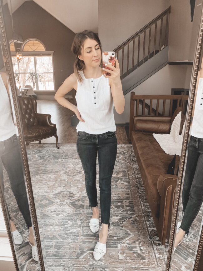 White tank and black jeans with raw hem, white sneakers || Casual style from AMAZON! || Kansas City life, home, and style blogger Megan Wilson shares her February Amazon Finds