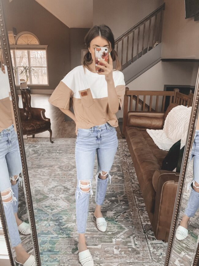 Color blocked tee shirt and distressed denim || Casual style from AMAZON! || Kansas City life, home, and style blogger Megan Wilson shares her February Amazon Finds