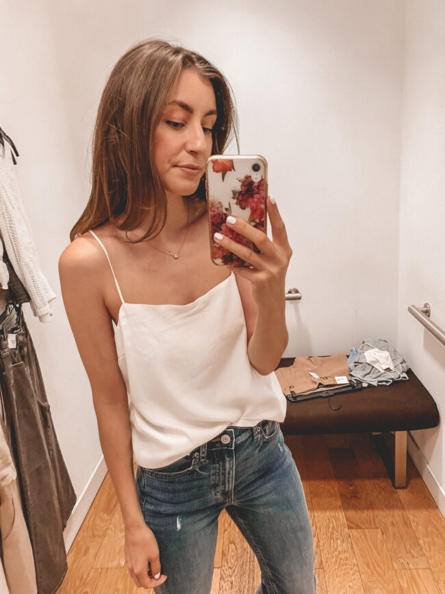 square neck white satin cami and high waist mom jeans | Casual summer style and outfits from Express | Affordable summer outfit inspiration | Kansas city life, home, and style blogger Megan Wilson