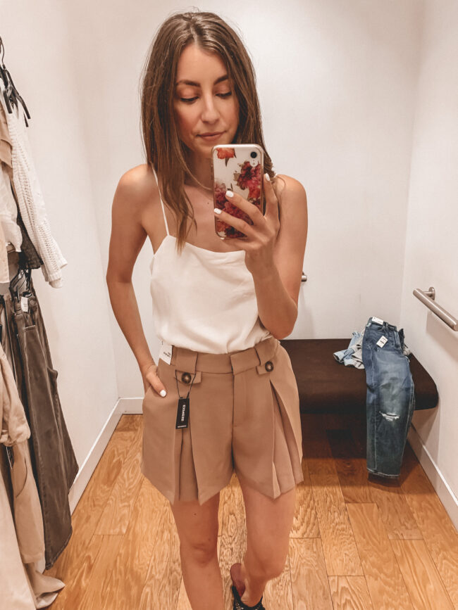 Square neck satin cami and pleated shorts | Casual summer style and outfits from Express | Affordable summer outfit inspiration | Kansas city life, home, and style blogger Megan Wilson