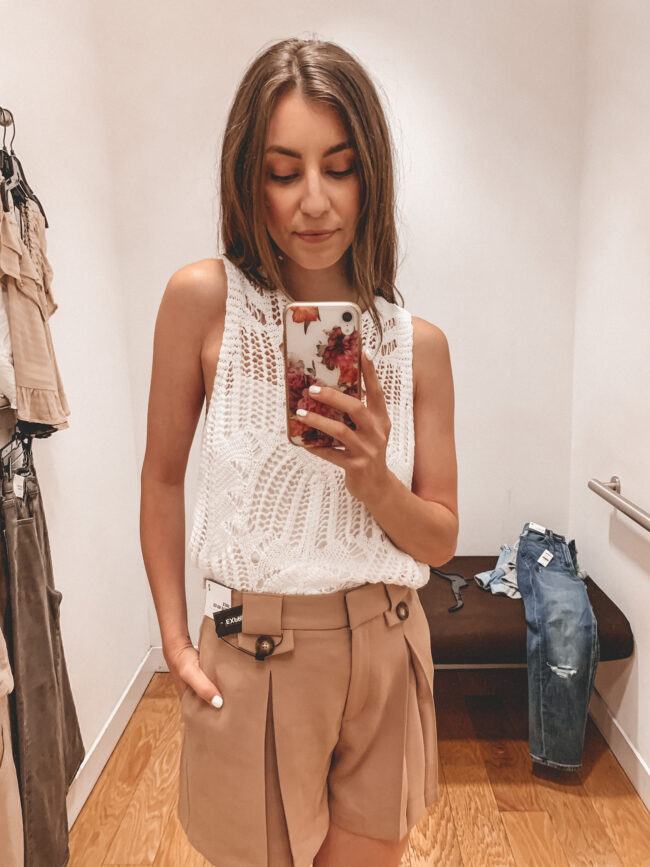 white sweater tank and tan shorts | Casual summer style and outfits from Express | Affordable summer outfit inspiration | Kansas city life, home, and style blogger Megan Wilson