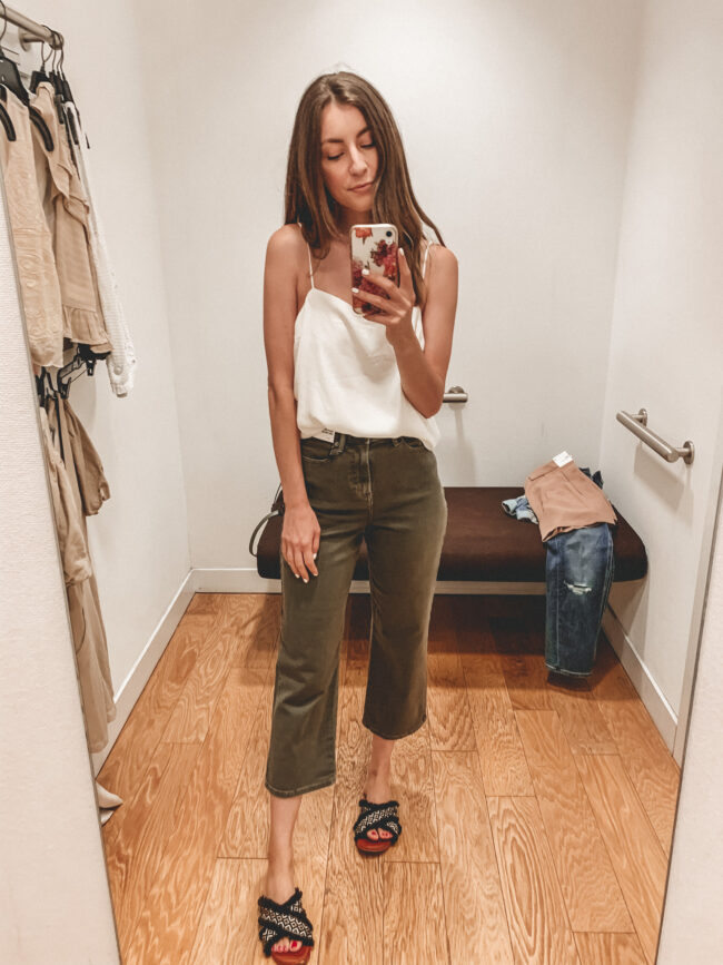 square neck white satin cami and olive high waist cropped wide leg pants | Casual summer style and outfits from Express | Affordable summer outfit inspiration | Kansas city life, home, and style blogger Megan Wilson