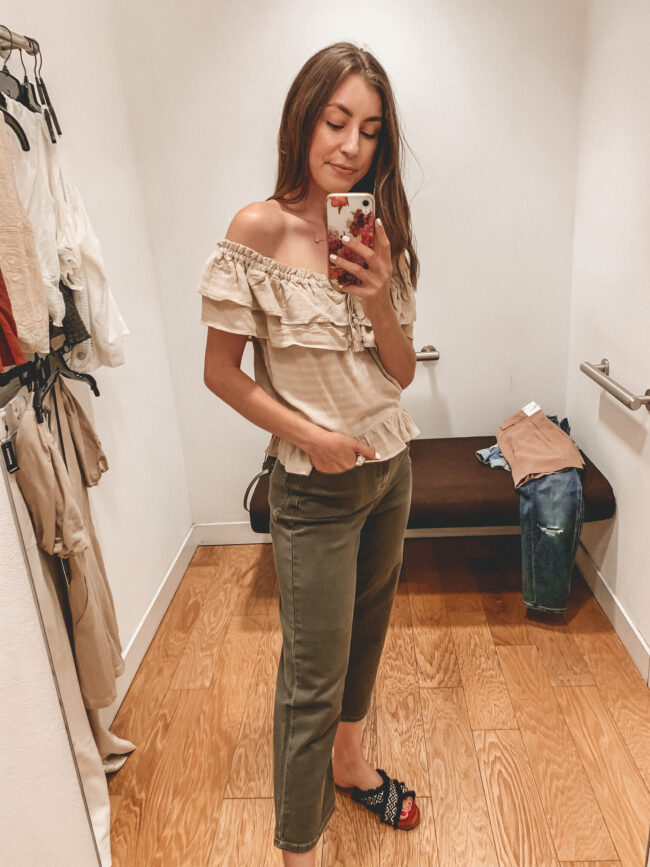 neutral off the shoulder top and high waist olive pants | Casual summer style and outfits from Express | Affordable summer outfit inspiration | Kansas city life, home, and style blogger Megan Wilson