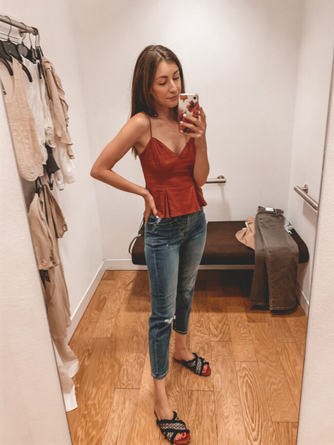 Rust colored babydoll cami and high waist mom jeans | Casual summer style and outfits from Express | Affordable summer outfit inspiration | Kansas city life, home, and style blogger Megan Wilson