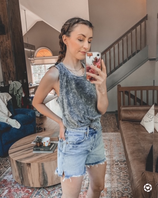 distressed denim shorts and grey tank top., summer outfits, braided hair | Kansas City life, home, and style blogger Megan Wilson shares her June Instagram Roundup