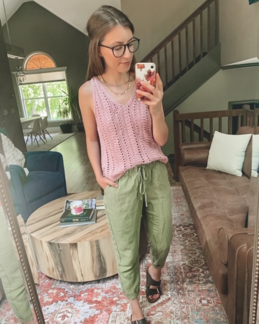 Pink crochet sweater tank top and olive colored pants, summer outfit | Kansas City life, home, and style blogger Megan Wilson shares her June Instagram Roundup