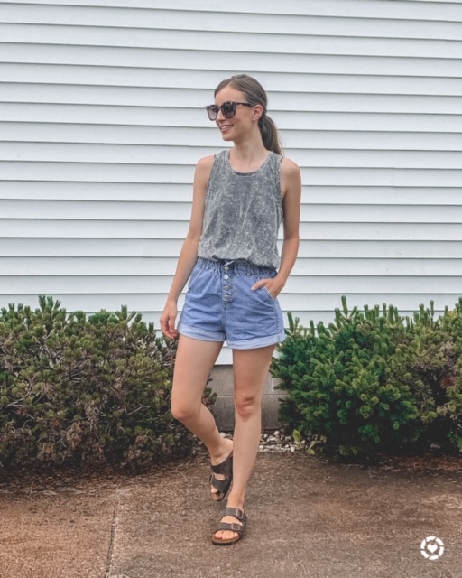 gray tank top from TARGET and high waist shorts | Kansas City life, home, and style blogger Megan Wilson shares her June Instagram Roundup