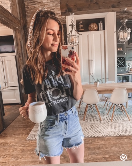 Distressed denim mom shorts and black band tee, long hair, summer outfit | Kansas City life, home, and style blogger Megan Wilson shares her June Instagram Roundup