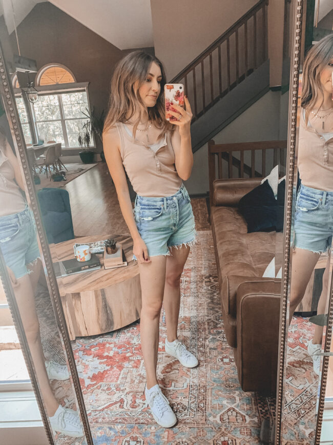 tank top and distressed denim shorts outfit with white sneakers | @shadylaneblog shares the casual summer outfits you may have missed from Instagram in July