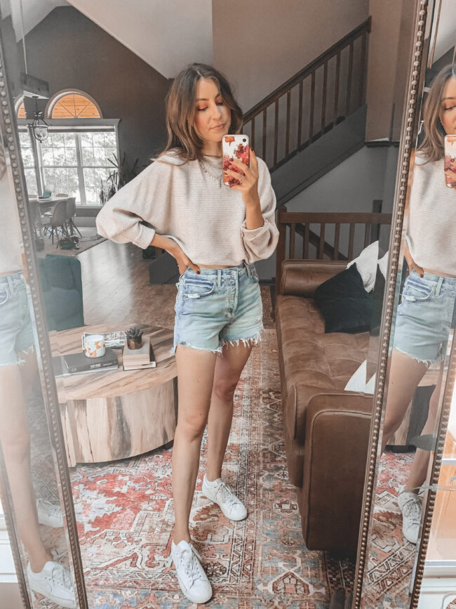 Denim shorts and amazon sweater || Shirt tucked into bra ||  6 ways to style denim shorts this summer - they're so versatile and go with everything! Which is your favorite denim shorts outfit? || Kansas City life, home, and style blogger Megan Wilson