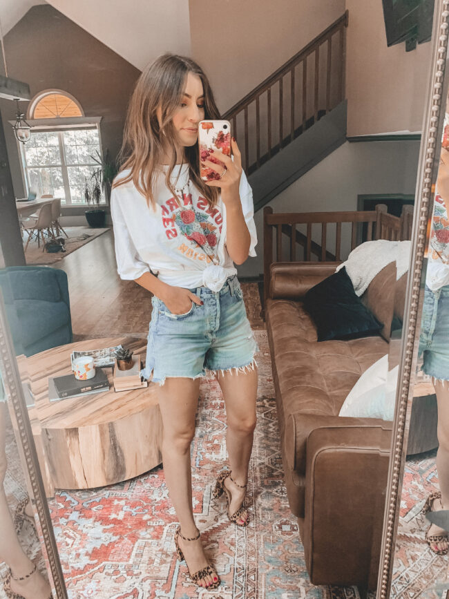 Denim shorts and oversized band tee shirt || 6 ways to style denim shorts this summer - they're so versatile and go with everything! Which is your favorite denim shorts outfit? || Kansas City life, home, and style blogger Megan Wilson