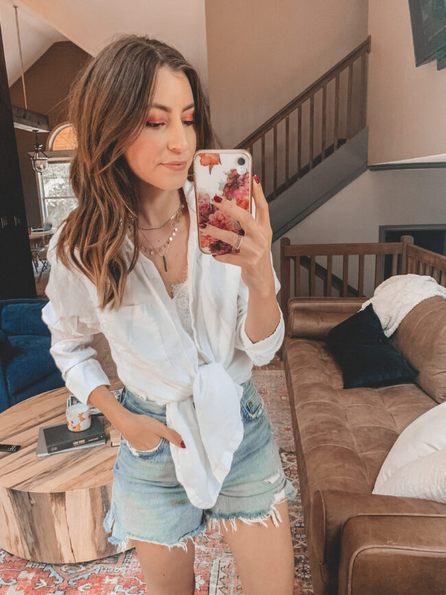 white button up shirt and cutoff distressed denim shorts || 8 white button ups to wear this summer || Kansas City life, home, and style blogger Megan Wilson @shadylaneblog on IG