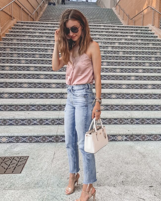 lace trim cami and light colored mom jeans denim, long hair, summer outfits | jeans and heels outfit | Kansas City life, home, and style blogger Megan Wilson shares her June Instagram Roundup