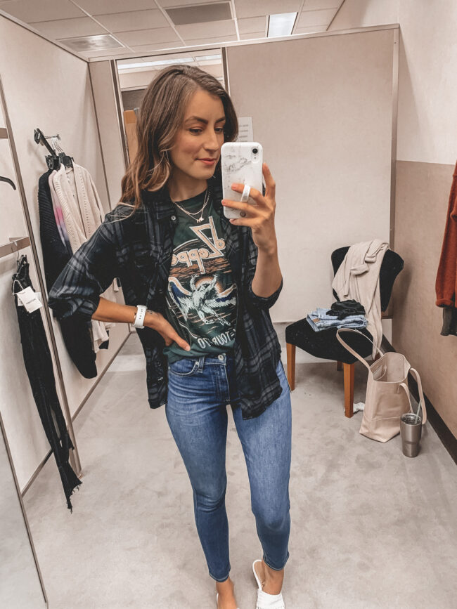 Black band tee, plaid button up, and skinny jeans | Fall outfit |  Nordstrom Anniversary Sale 2020 try-on haul and shopping guide | @shadylaneblog