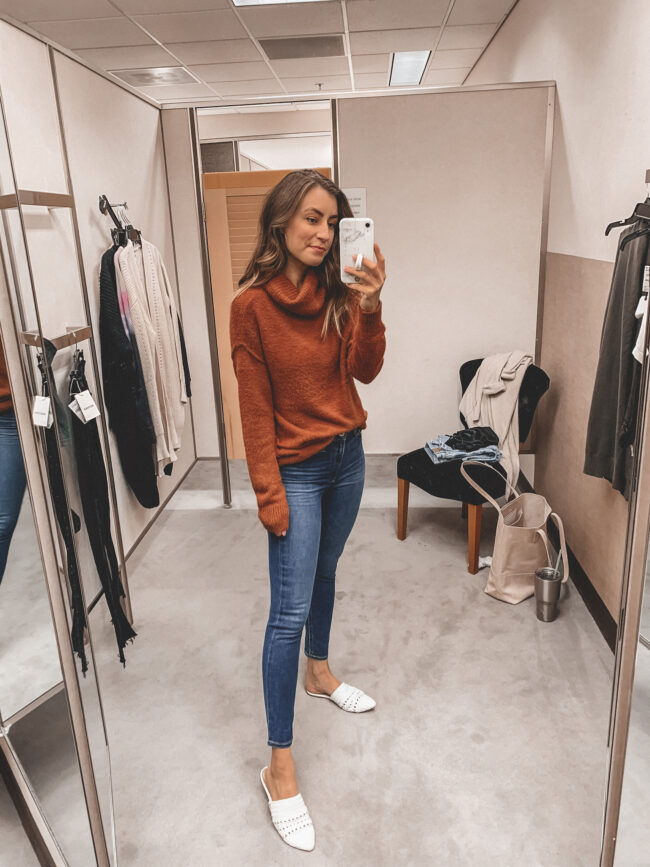 Orange fall sweater and skinny jeans | Fall outfit |  Nordstrom Anniversary Sale 2020 try-on haul and shopping guide | @shadylaneblog