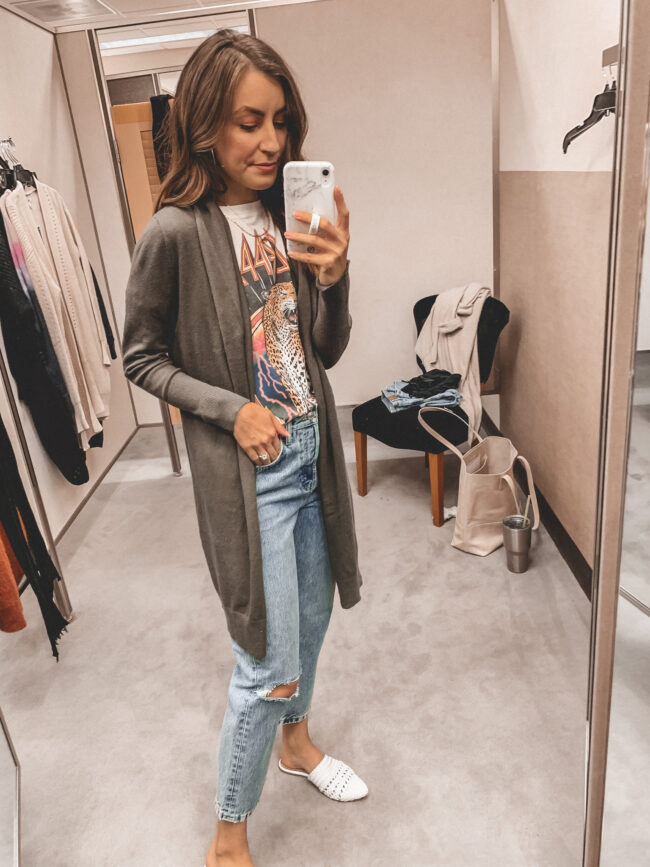 White band tee and black cardigan, jeans | Fall outfit |  Nordstrom Anniversary Sale 2020 try-on haul and shopping guide | @shadylaneblog