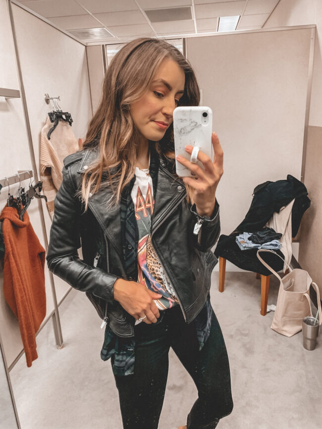 Graphic tee, leather jacket, black jeans, and plaid button up | Fall outfit | Nordstrom Anniversary Sale 2020 try-on haul and shopping guide | @shadylaneblog