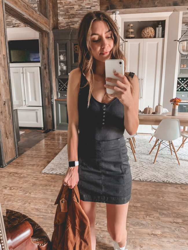 neutral fall outfit, black mini skirt and black bodysuit, tan suede jacket, try-on, fall outfits 2020