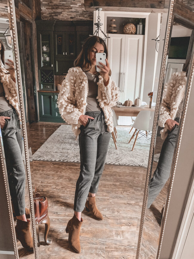 Neutral fall outfit with suede booties, plaid pants and pom pom cardigan sweater, fall outfits 2020