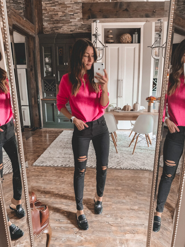 Pink sweater and high waist black jeans, fall outfits 2020, try-on, fall outfit, fall outfits from target