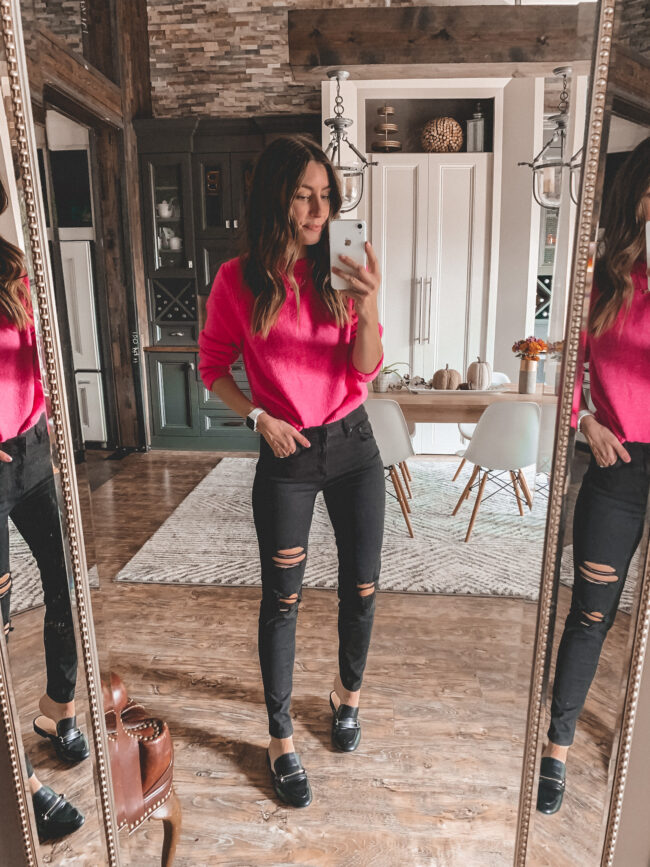 Pink jumper clearance black jeans