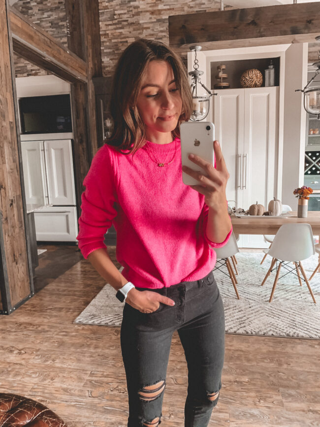 Pink sweater and high waist black jeans, fall outfits 2020, try-on, fall outfit, fall outfits from target