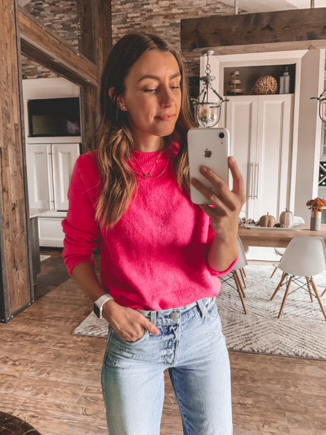 Pink sweater and high waist jeans, fall outfits 2020, try-on, fall outfit, fall outfits from target