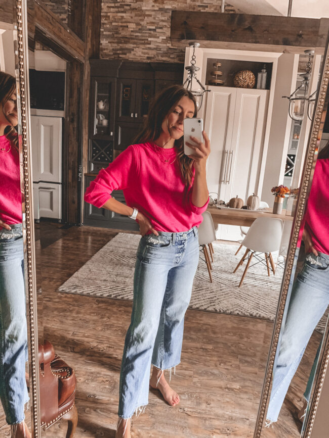 Pink sweater and high waist jeans, fall outfits 2020, try-on, fall outfit, fall outfits from target
