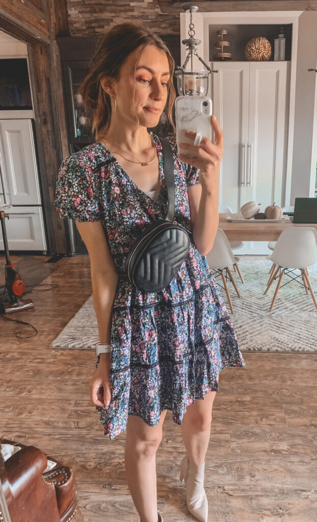 Fall dress and black belt bag, gucci belt bag dupe | Fall dresses for 2020 - all from Target and very affordable! Perfect for wearing with fall booties or sneakers. Fall outfit ideas. #falloutfits