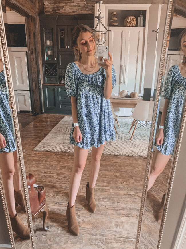 Blue puff sleeve fall dress | Fall dresses for 2020 - all from Target and very affordable! Perfect for wearing with fall booties or sneakers. Fall outfit ideas. #falloutfits